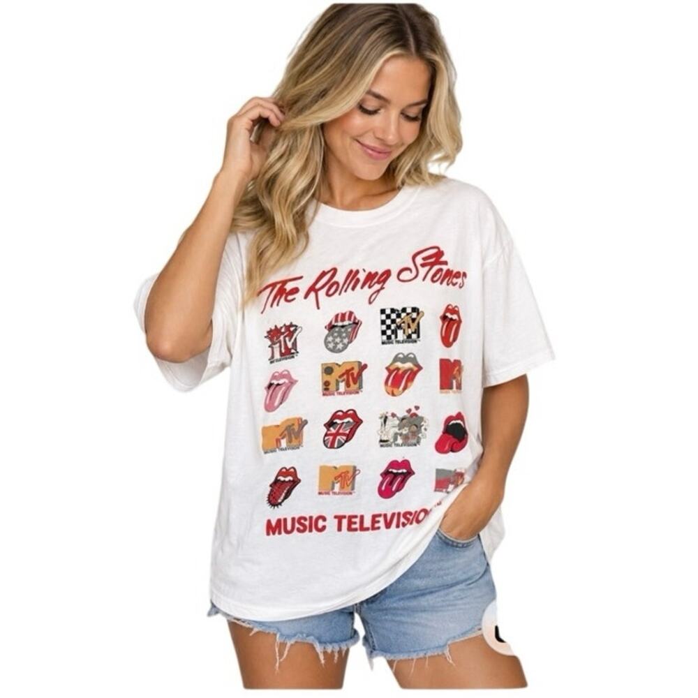 Rolling Stones MTV Graphic T Shirt Large White Rock Band Music Y2K Logo Tee